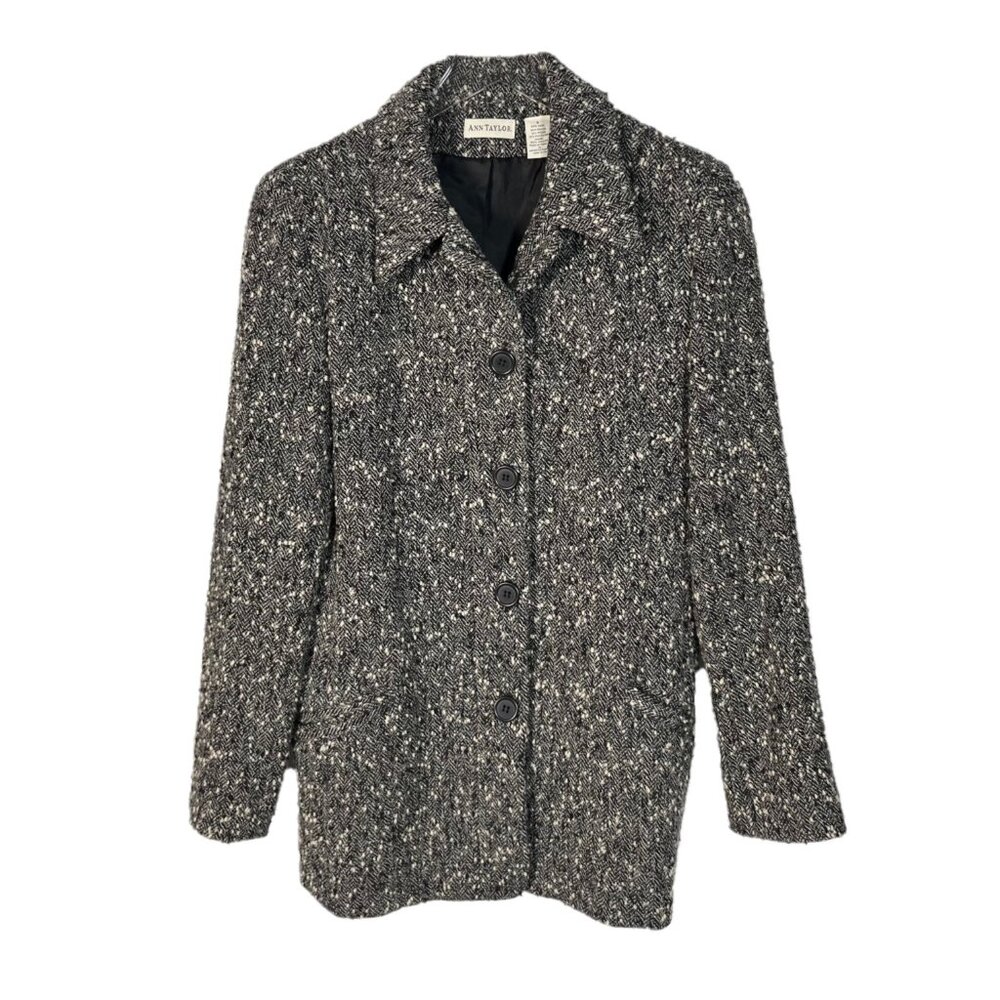 Ann Taylor Wool Blend Herringbone Soft Slub Texture Button-Closure Coat Size 8